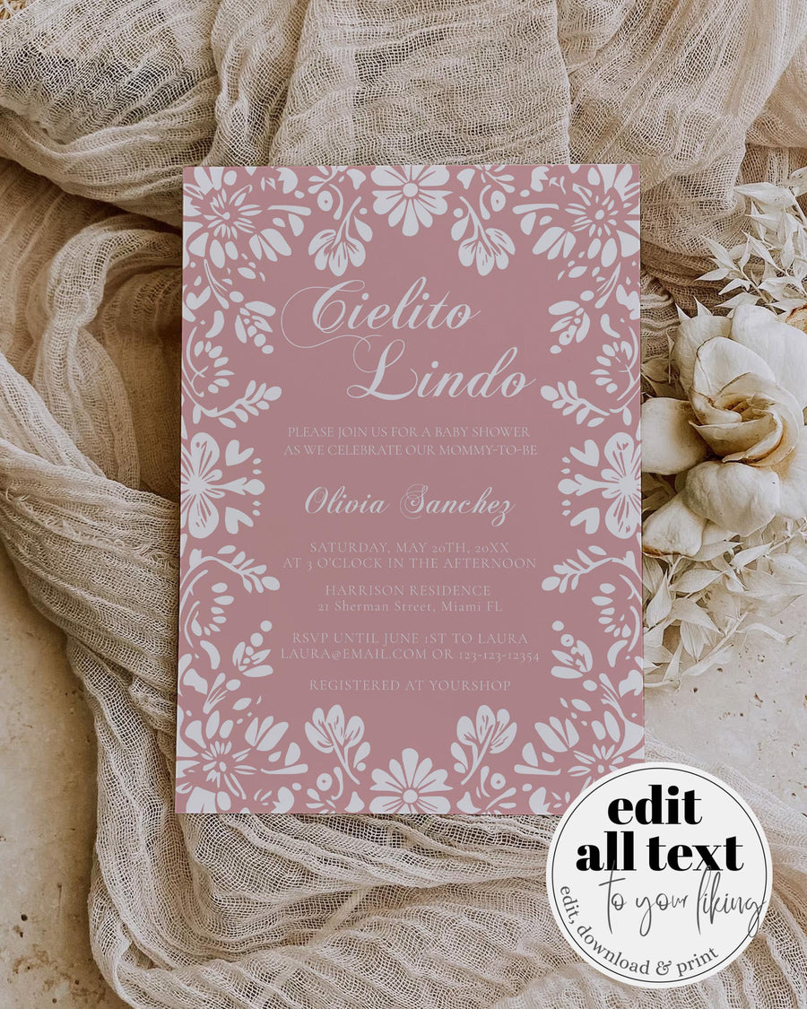 Cielito Lindo Baby Shower Invitation, Pink Vintage Talavera Papel Picado Template 001PI-BSINV - marryful.org