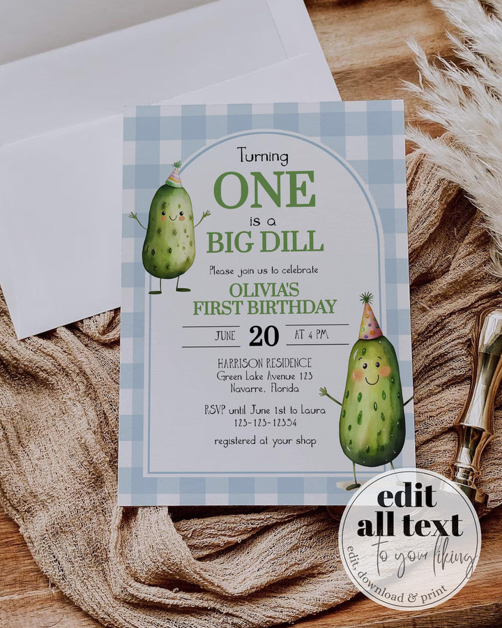 Big Dill Pickle themed Birthday Invitation Suite for One Year old Boy or Girl, Editable Birthday Party Invite Pickle Printable Template #068 - TheLovebirdsDesign