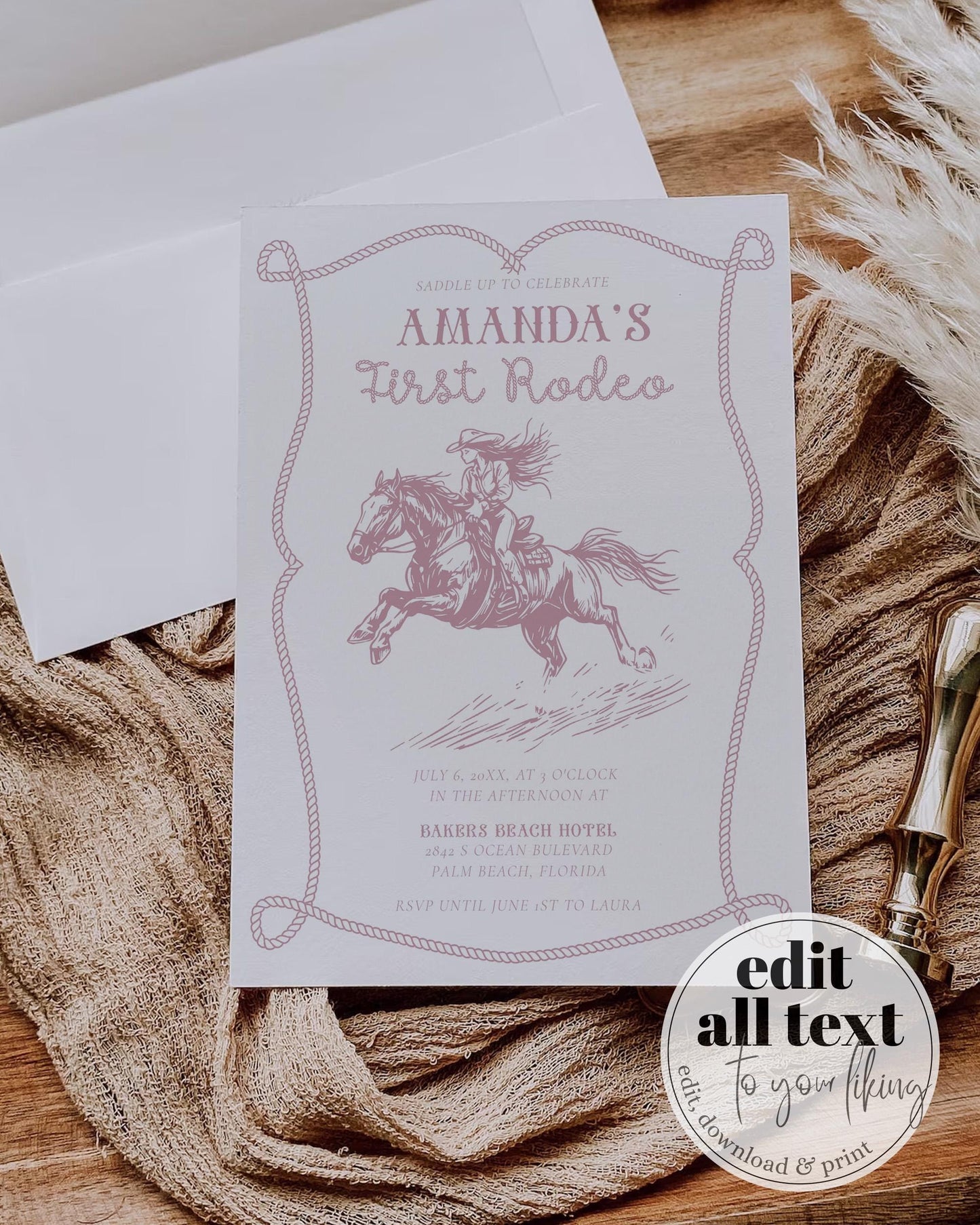 Editable My First Rodeo Invitation Pink Cowgirl Birthday Invite Wild West Vintage Cowboy 1st Rodeo Western Ranch Digital Template #072 - TheLovebirdsDesign