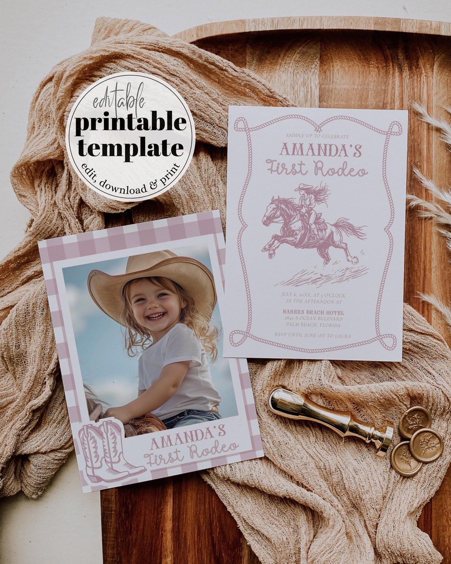 Editable My First Rodeo Invitation Pink Cowgirl Birthday Invite Wild West Vintage Cowboy 1st Rodeo Western Ranch Digital Template #072 - TheLovebirdsDesign