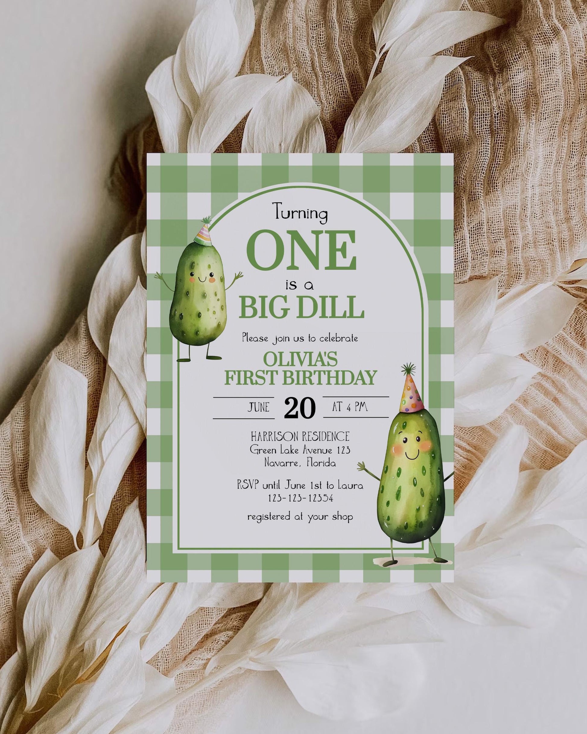 ONE Big Dill Pickle themed Birthday Invitation for First Birthday Boy or Girl, Gender Neutral 1st Birthday Invite Pickle Party Template #068 - TheLovebirdsDesign