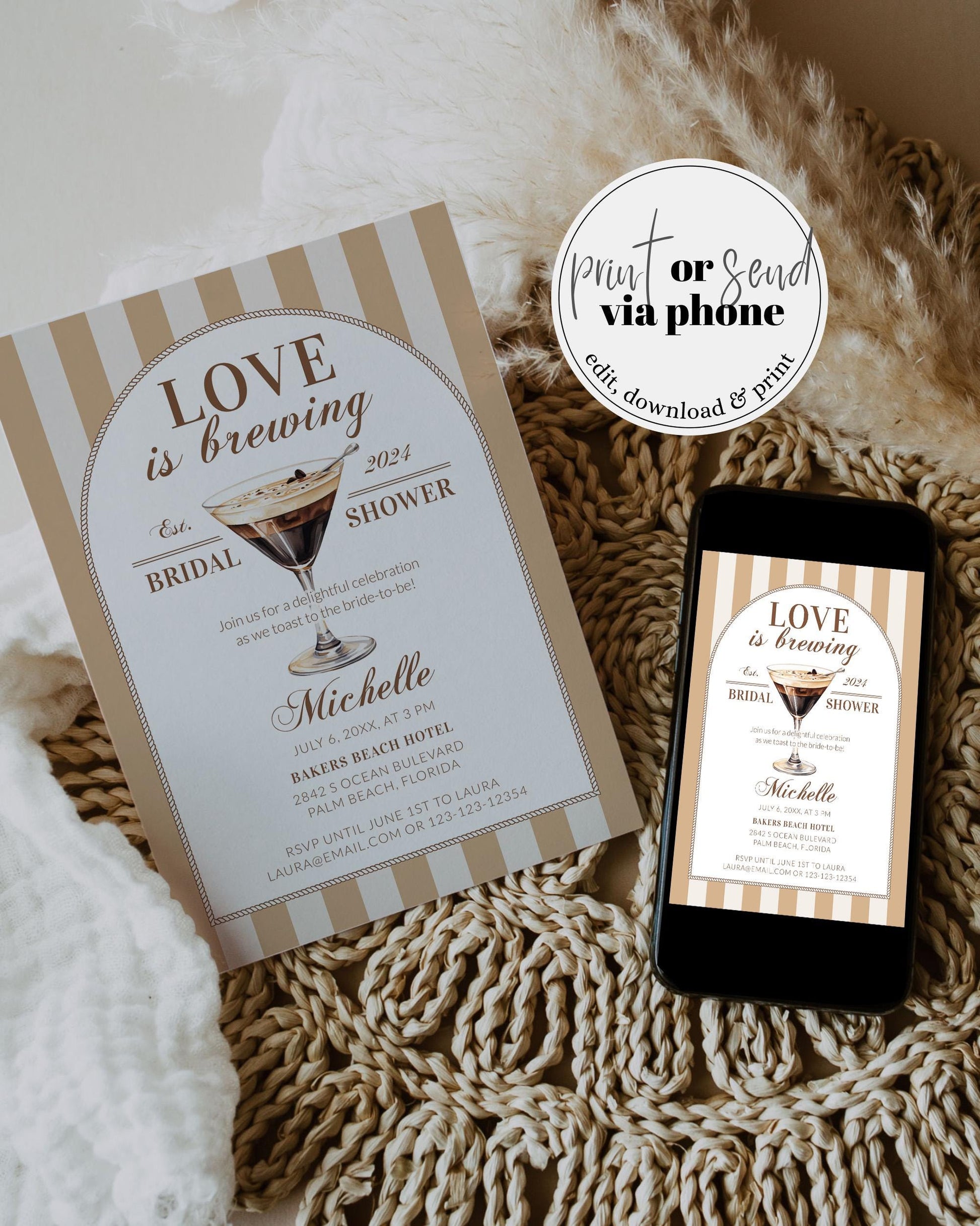 Love is Brewing Espresso Martini Bridal Shower Invitation Editable Cocktail Club Invite, Coffee Martini themed Party Printable Template #072 - TheLovebirdsDesign