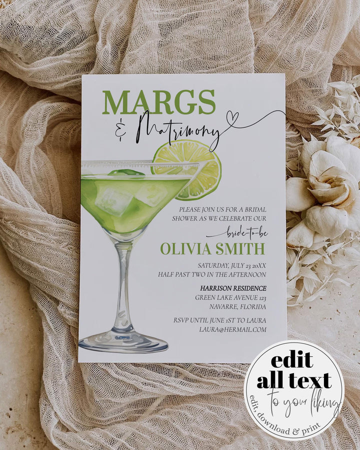 Margs Matrimony Bridal Shower Final Fiesta Bachelorette Itinerary, Tropical Bach Hen Girls Trip Margarita Cocktail Party Template #072 - TheLovebirdsDesign
