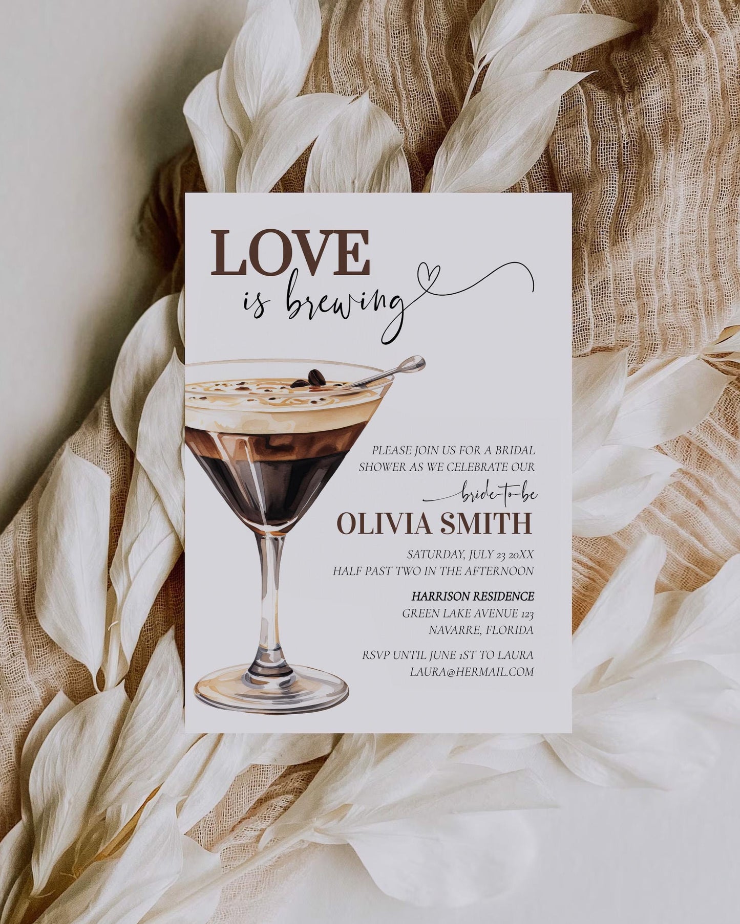 Love is Brewing Espresso Martini Bridal Shower Invitation Editable Cocktail Club Invite, Coffee Martini themed Party Printable Template #072 - TheLovebirdsDesign