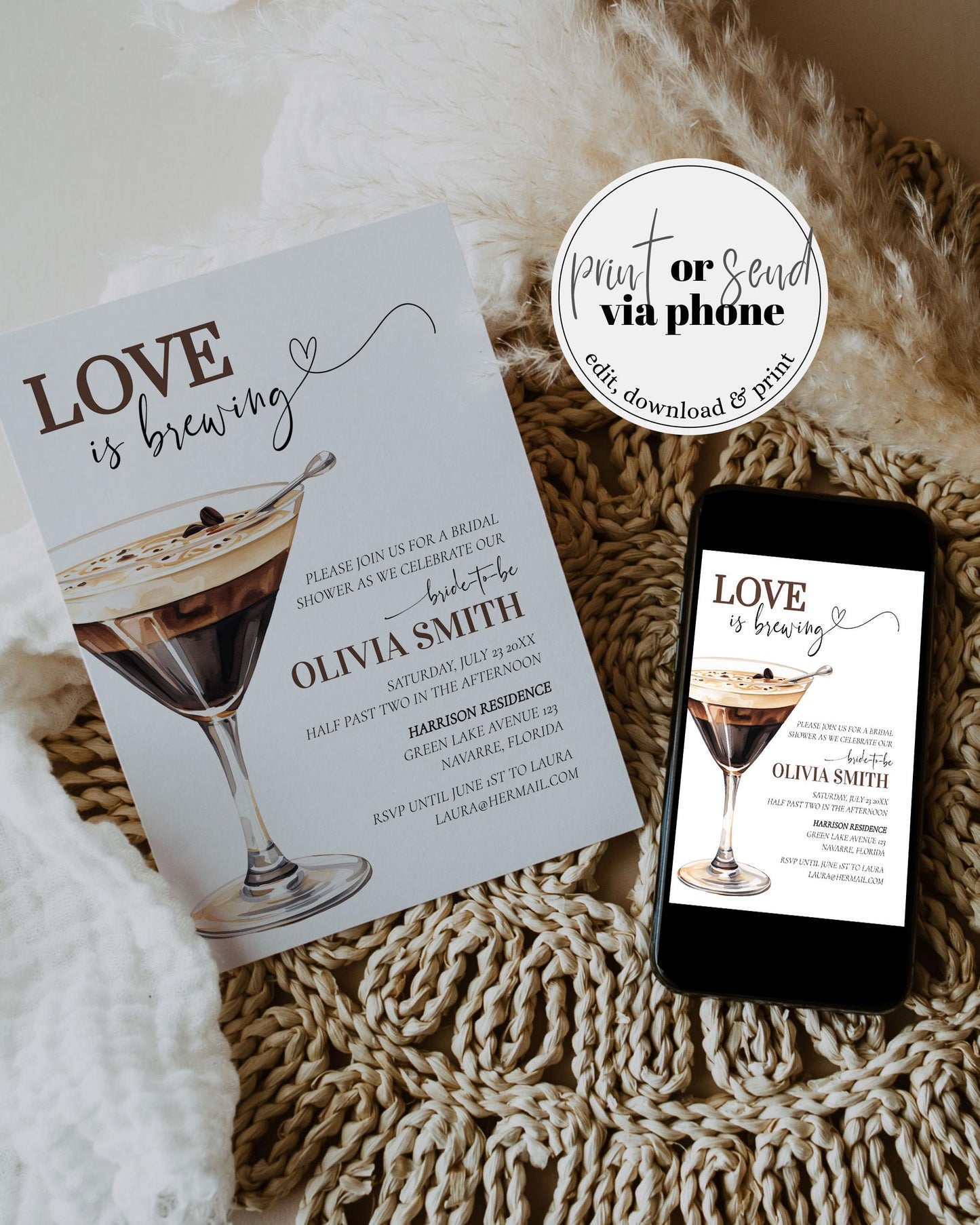 Love is Brewing Espresso Martini Bridal Shower Invitation Editable Cocktail Club Invite, Coffee Martini themed Party Printable Template #072 - TheLovebirdsDesign