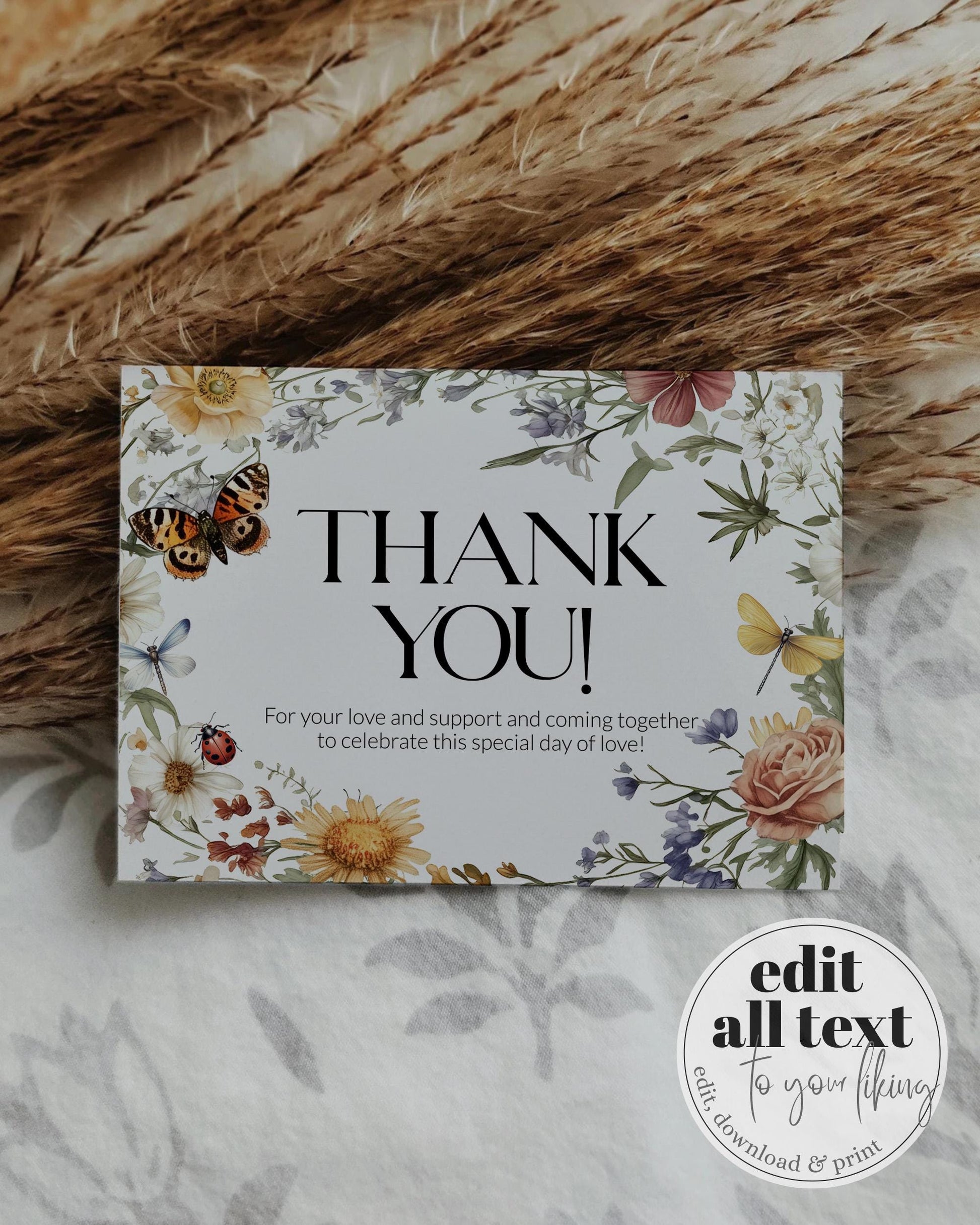 Wildflower Thank you Card for Love Bug Summer Baby Shower or First Birthday, Gender Neutral Thank you Card Enchanted Butterfly Template #072 - TheLovebirdsDesign