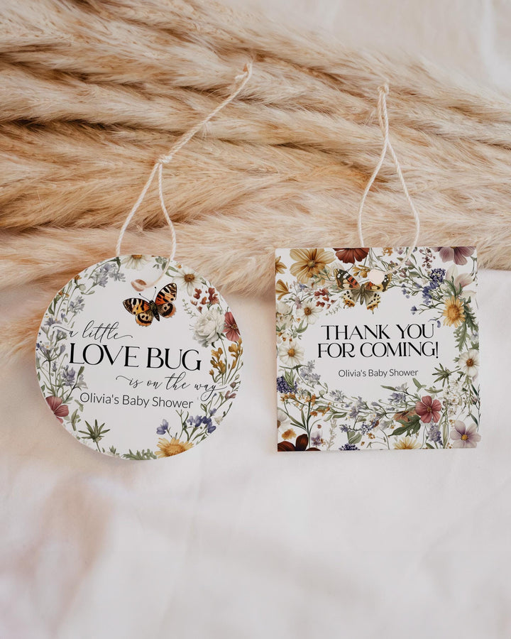 Wildflower Favour Tags for Love Bug Summer Baby Shower or First Birthday Party Gender Neutral Thank you Tags, Label or Sticker Template #072 - TheLovebirdsDesign