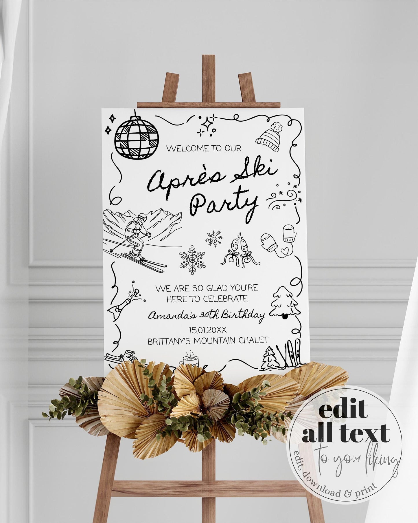 Winter Apres Ski Birthday Welcome Sign, Handwritten Party Sign Template, Mountain Ski Party Social Club Decorations Printable Template #070 - TheLovebirdsDesign