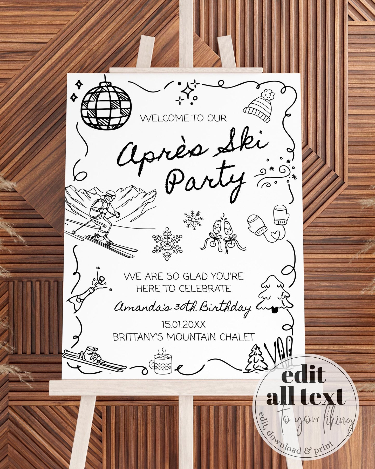 Winter Apres Ski Birthday Welcome Sign, Handwritten Party Sign Template, Mountain Ski Party Social Club Decorations Printable Template #070 - TheLovebirdsDesign