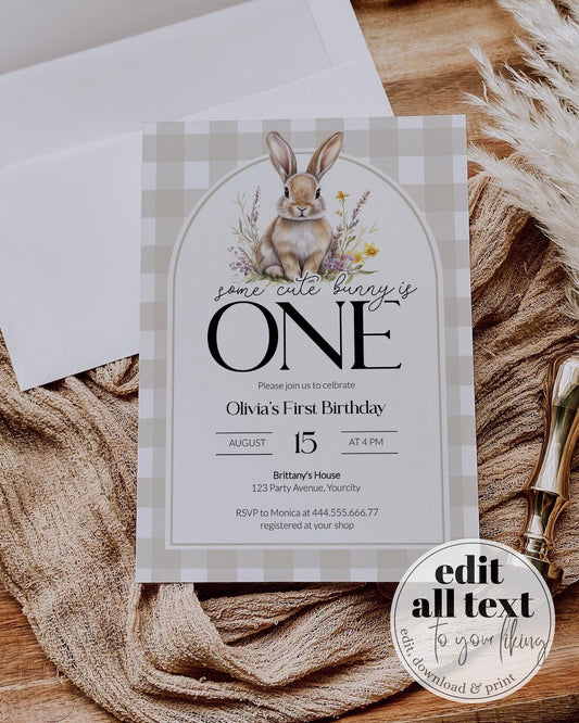 Some Bunny is One Gender Neutral First Birthday Invitation, Cute Rabbit Invite Some Bunny Sweet 1st Birthday Printable Template #068 - TheLovebirdsDesign