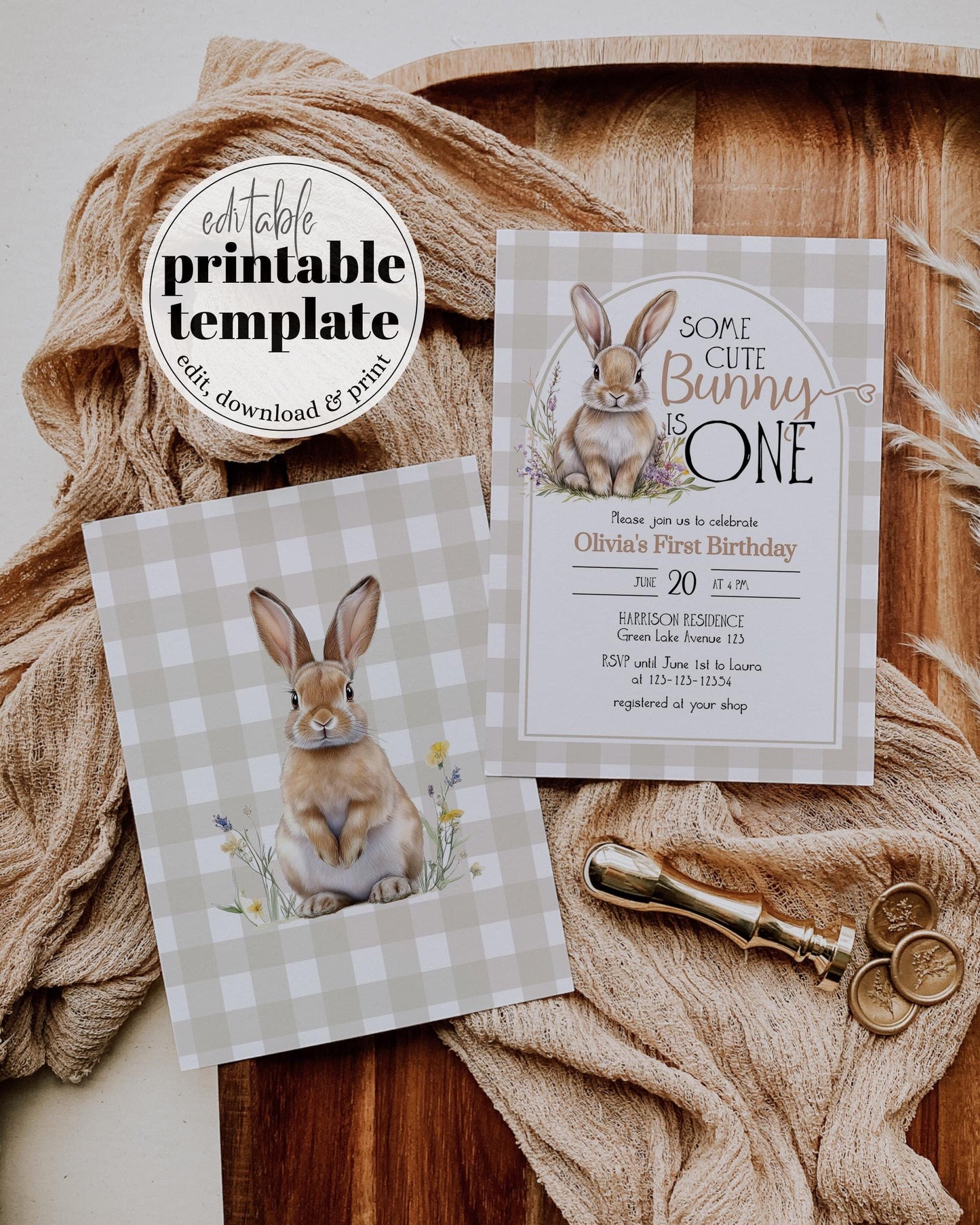 Some Bunny is One Gingham First Birthday Invitation, Cottagecore Cute Rabbit Invite Some Bunny Sweet 1st Birthday Printable Template #068 - TheLovebirdsDesign