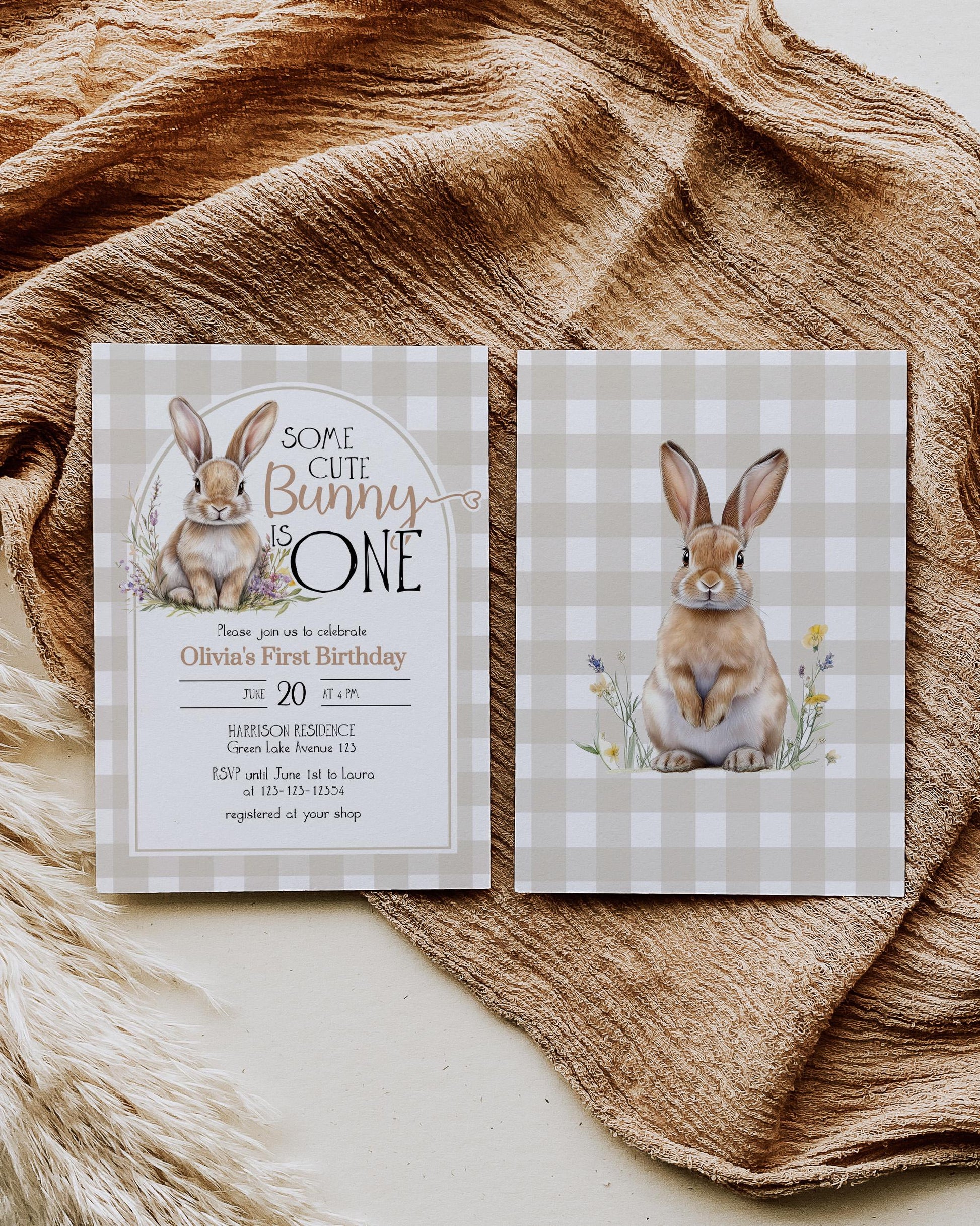 Some Bunny is One Gingham First Birthday Invitation, Cottagecore Cute Rabbit Invite Some Bunny Sweet 1st Birthday Printable Template #068 - TheLovebirdsDesign