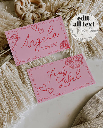 Handwritten Galentines Day Girls Night Place Cards Funky Doodle Pink Red Valentines Pajama Party Food Labels Galentine Dinner Template #070 - TheLovebirdsDesign