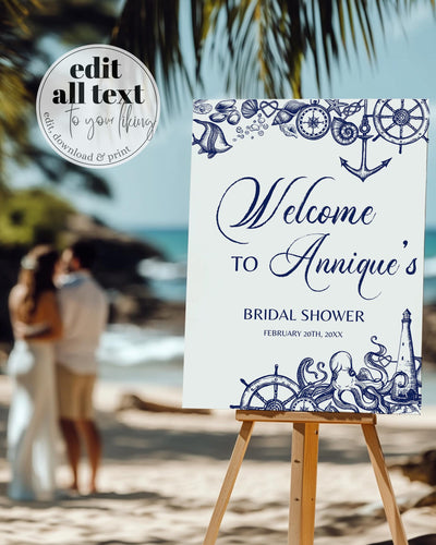 Nautical Bridal Shower Welcome Sign, Marine Sign for Ocean Beach Themed Bachelorette Party Printable Template Beach Wedding Decorations #071 - TheLovebirdsDesign