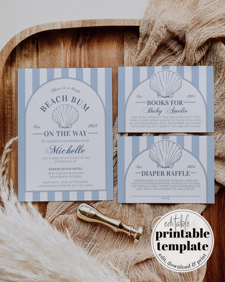 Summer Beach Bum Coastal Baby Shower Invitation, Nautical Summer Beach Baby Shower muted blue stripes Shell Pearl Printable Template #072 - TheLovebirdsDesign