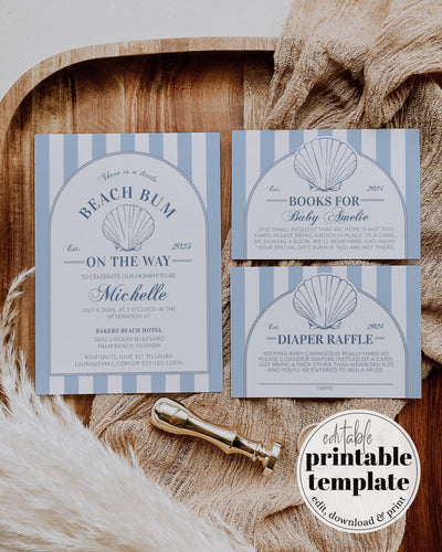 Beach Bum Baby Shower Invitation Coastal Nautical Blue Stripes Pearl Shell Editable Template 085CO-BSINV - marryful.org