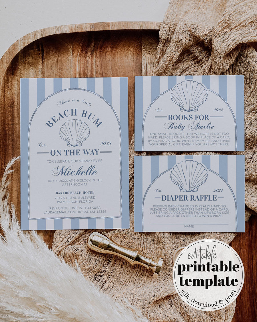Coastal baby shower invitation with blue stripes for a summer beach theme