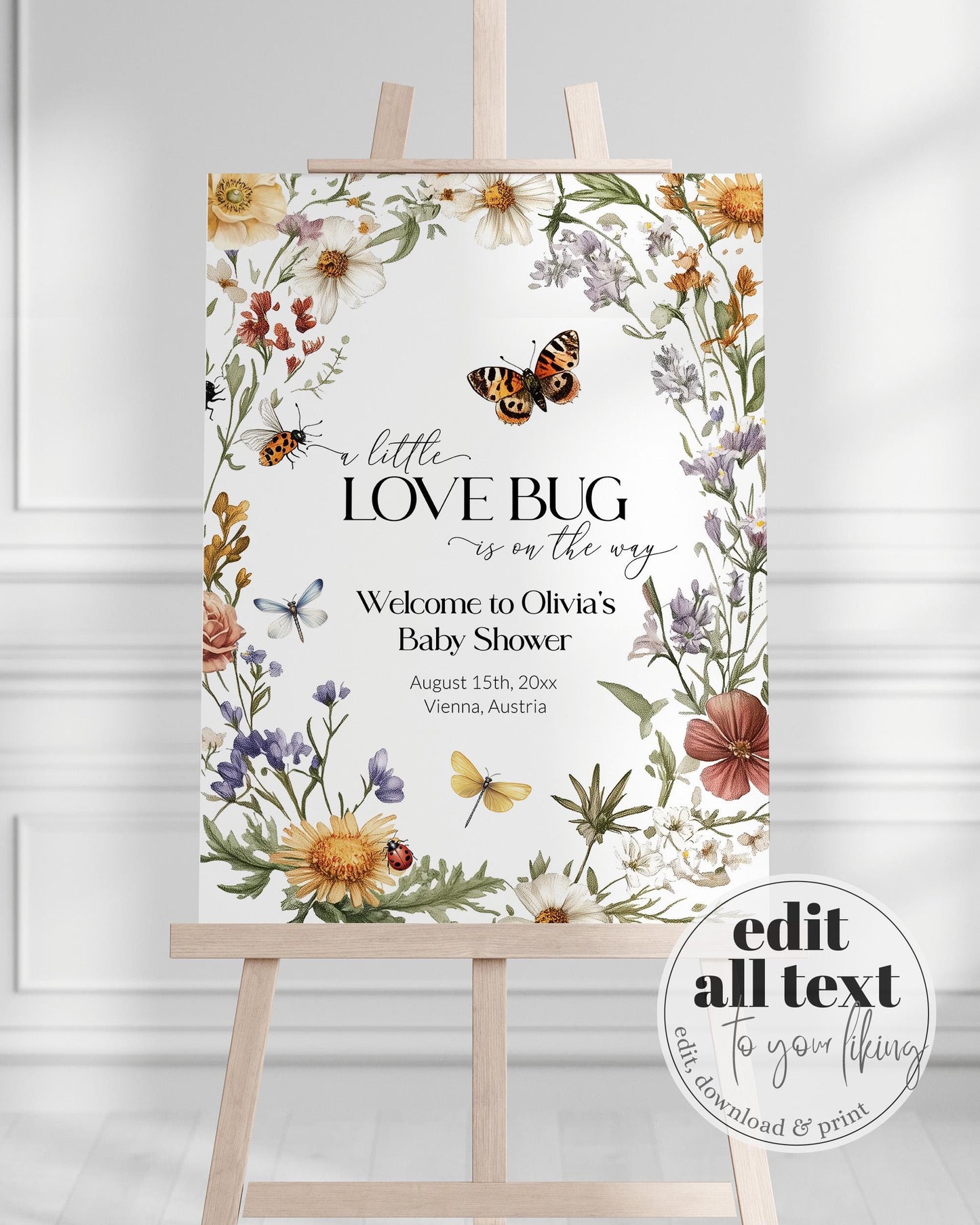 Wildflower Love bug Baby Shower Welcome Sign, A little Lovebug is on the way Decorations Sign, Gender Neutral Butterfly Party Template #072 - TheLovebirdsDesign