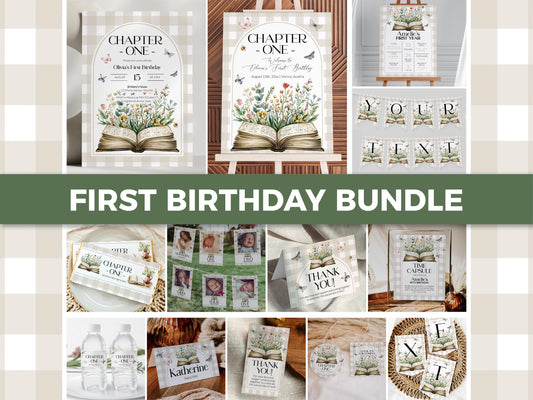 New Chapter Begins Storybook 1st Birthday Invitation Bundle, Chapter ONE Book themed Baby First Birthday Suite, Gender Neutral Template #068 - TheLovebirdsDesign