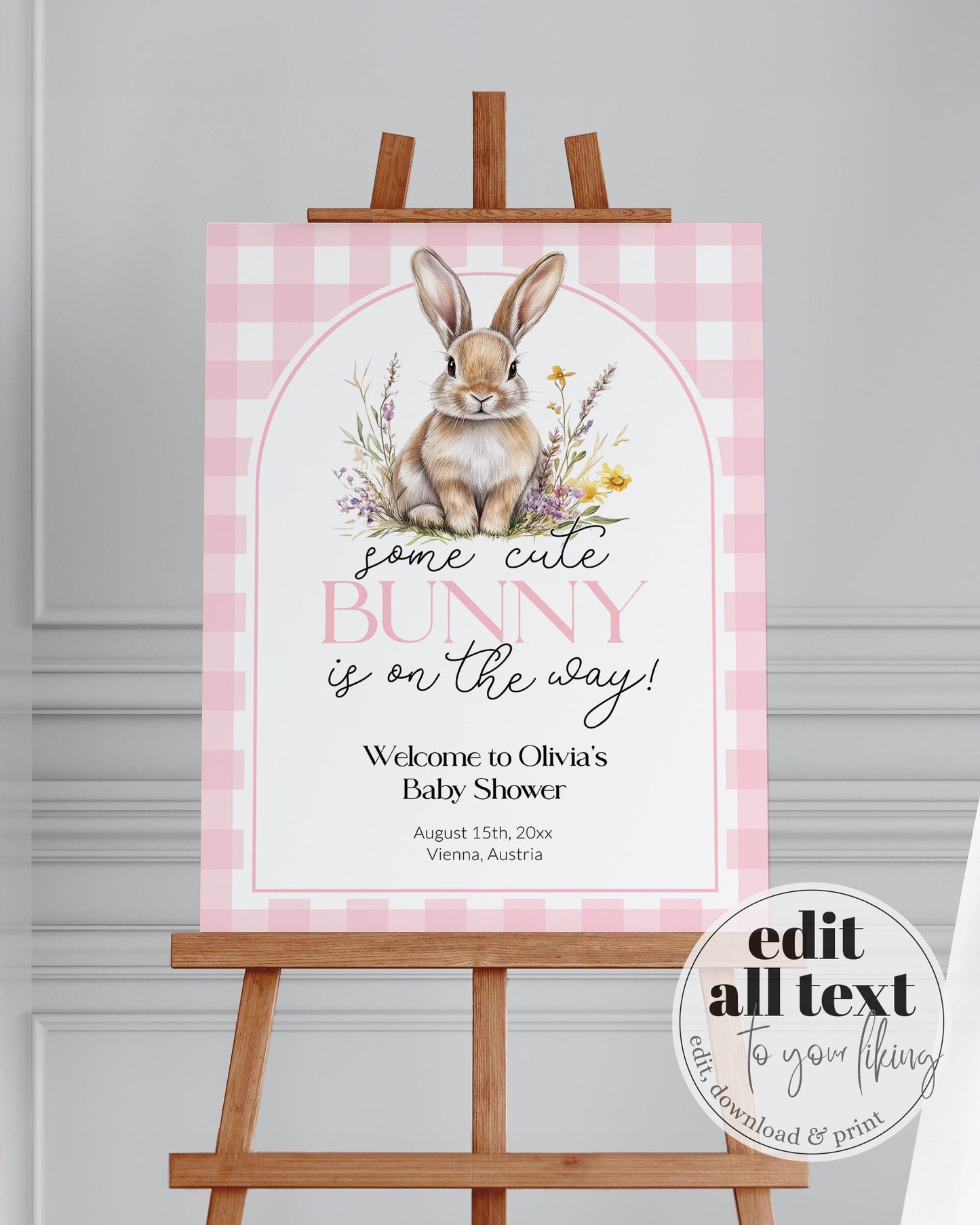 Pink Bunny Welcome Sign, Some Bunny on the way Baby Shower Sign Rabbit Easter Decorations Sign Gingham Bunny 1st Birthday Sign Template #068 - TheLovebirdsDesign