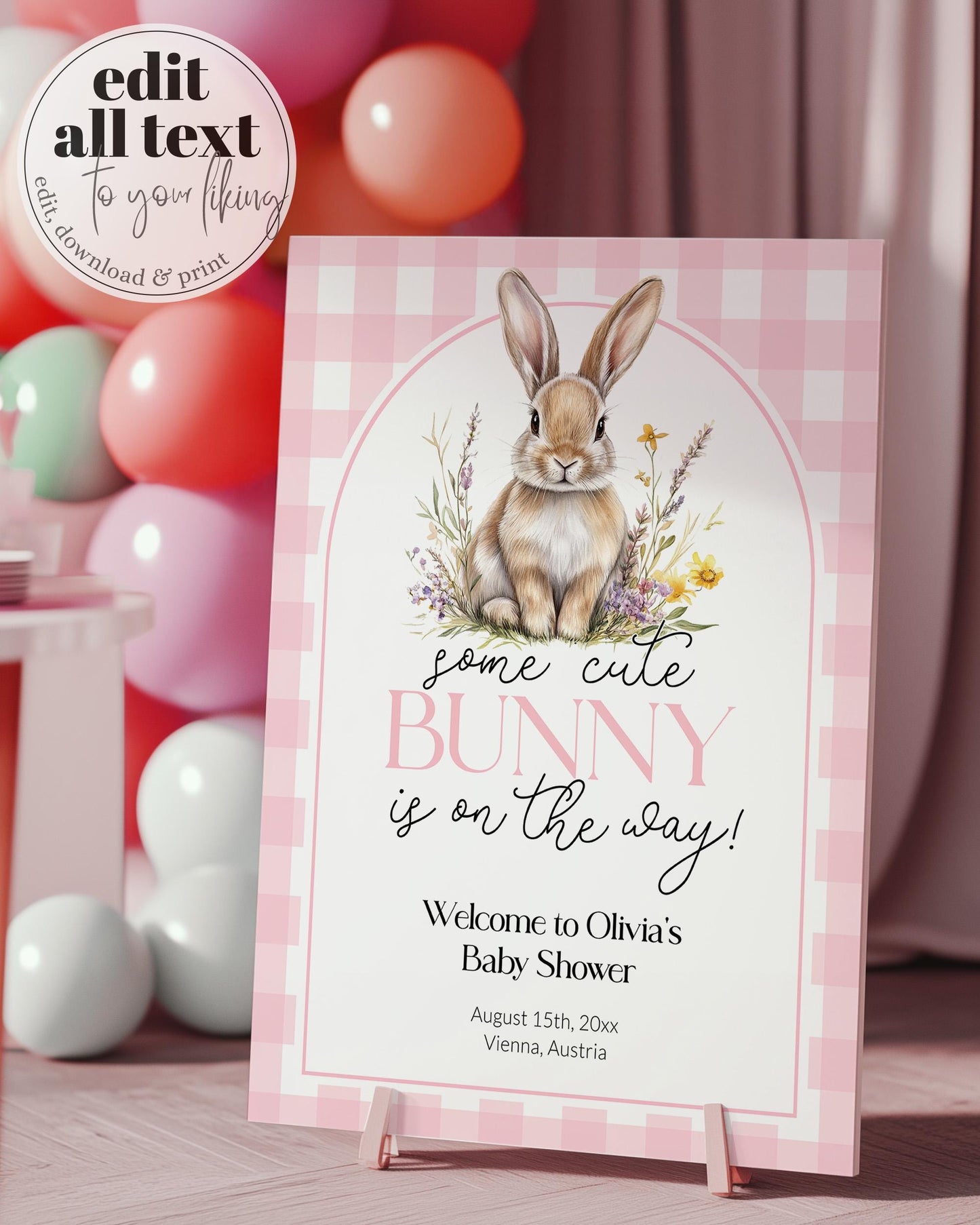 Pink Bunny Welcome Sign, Some Bunny on the way Baby Shower Sign Rabbit Easter Decorations Sign Gingham Bunny 1st Birthday Sign Template #068 - TheLovebirdsDesign