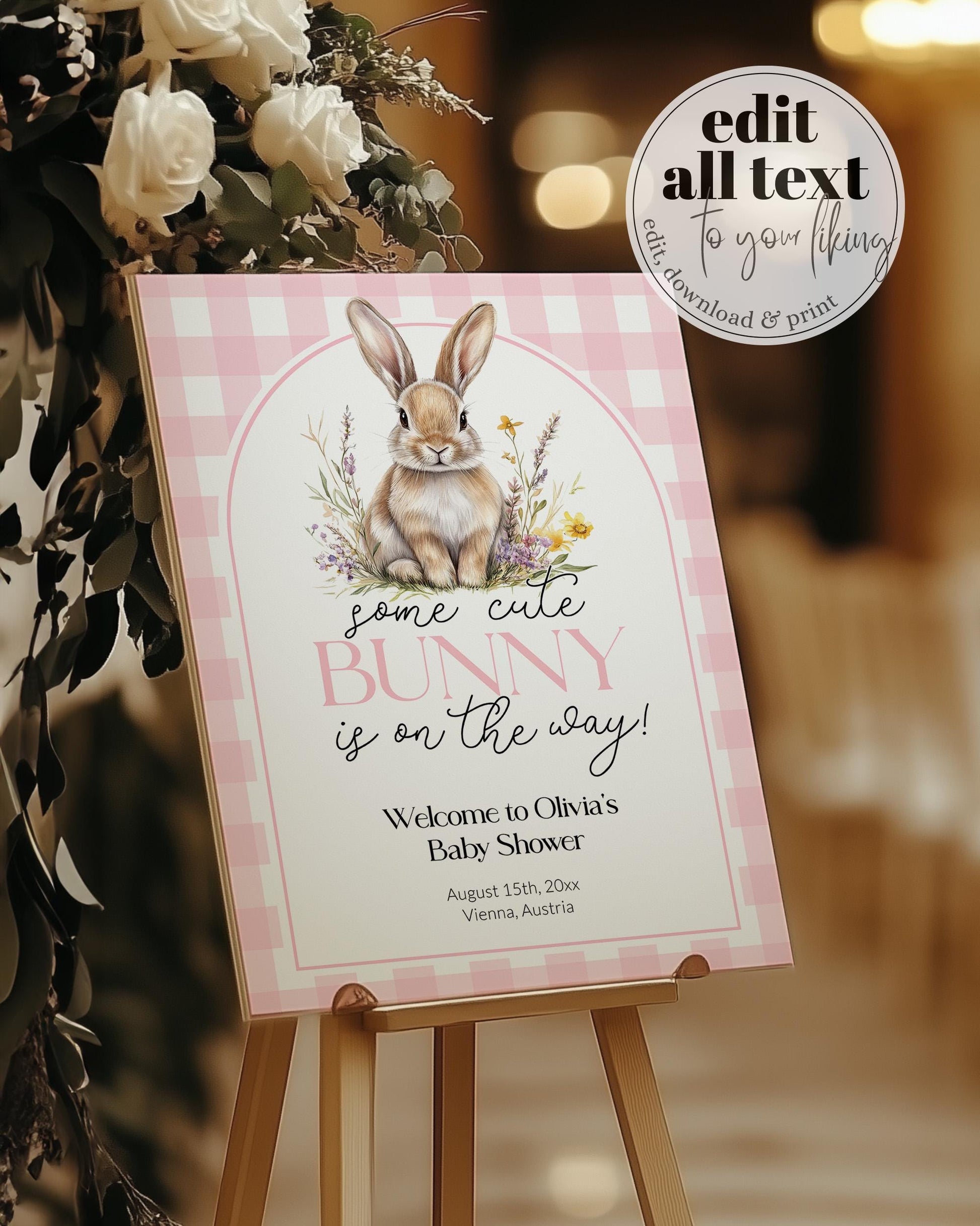 Pink Bunny Welcome Sign, Some Bunny on the way Baby Shower Sign Rabbit Easter Decorations Sign Gingham Bunny 1st Birthday Sign Template #068 - TheLovebirdsDesign