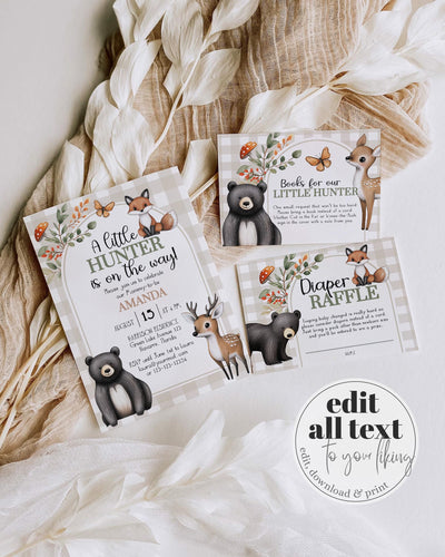 Little Hunter Oh Deer Woodland Animal Baby Shower Invitation, Little Buck Forest Animal Hunting Baby Shower Invite Party Template #068 - TheLovebirdsDesign