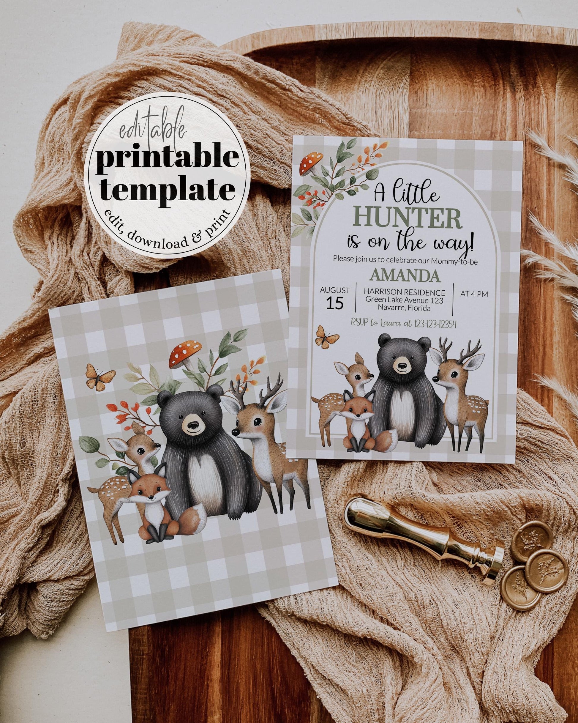 Hunter Theme Forest Animals Woodsy Baby Shower Invitation, Little Buck Invite for Baby Boy, Hunter Baby Shower Printable Template #068 - TheLovebirdsDesign