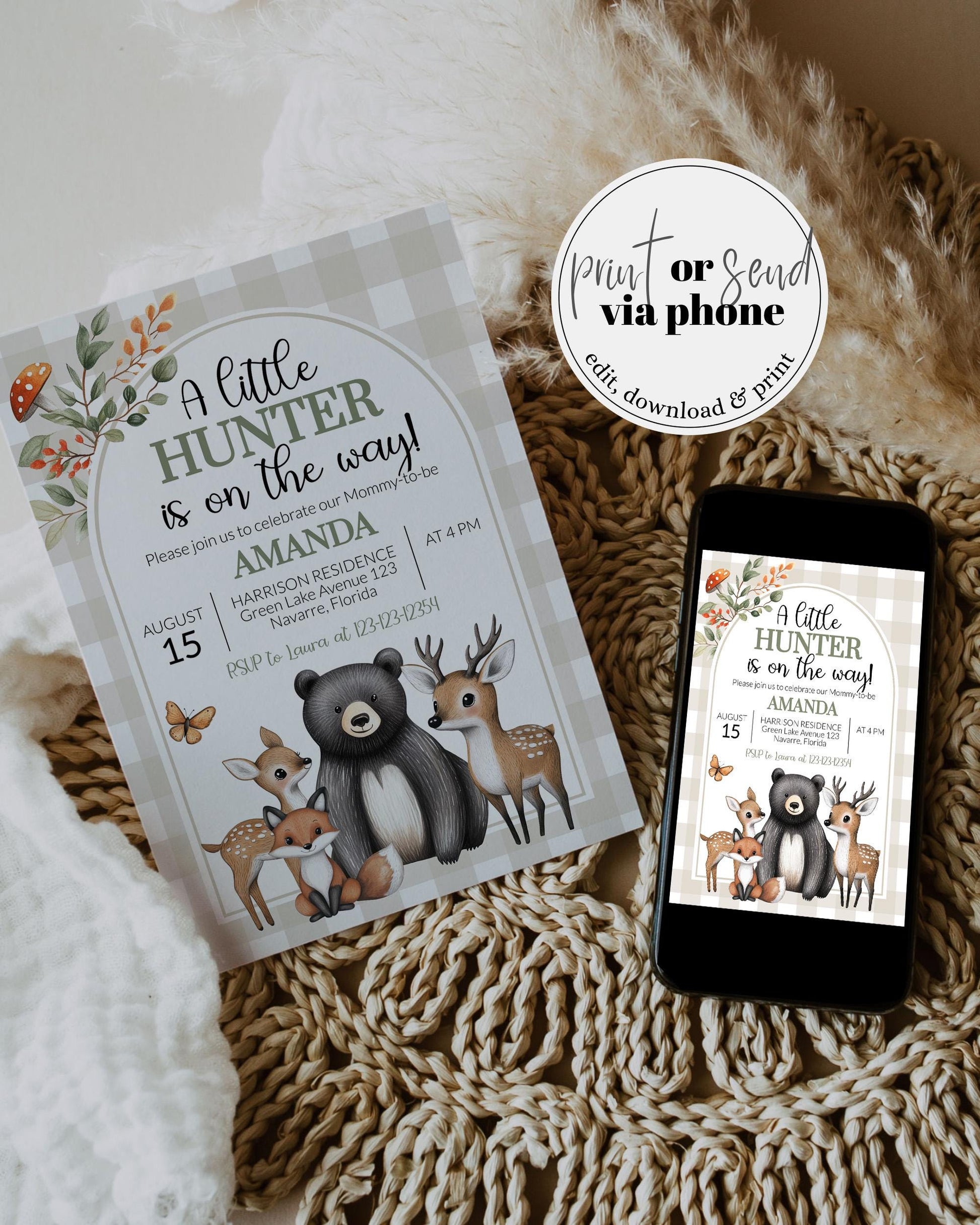 Hunter Theme Forest Animals Woodsy Baby Shower Invitation, Little Buck Invite for Baby Boy, Hunter Baby Shower Printable Template #068 - TheLovebirdsDesign