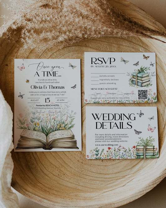 Storybook Wedding Invitation, A New Chapter Begins Wedding Invite, Once upon a time Wildflower Butterfly Library Book Themed Template #068 - TheLovebirdsDesign