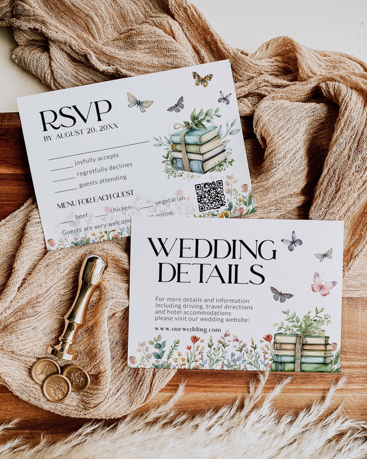 Storybook Wedding Invitation, A New Chapter Begins Wedding Invite, Once upon a time Wildflower Butterfly Library Book Themed Template #068 - TheLovebirdsDesign