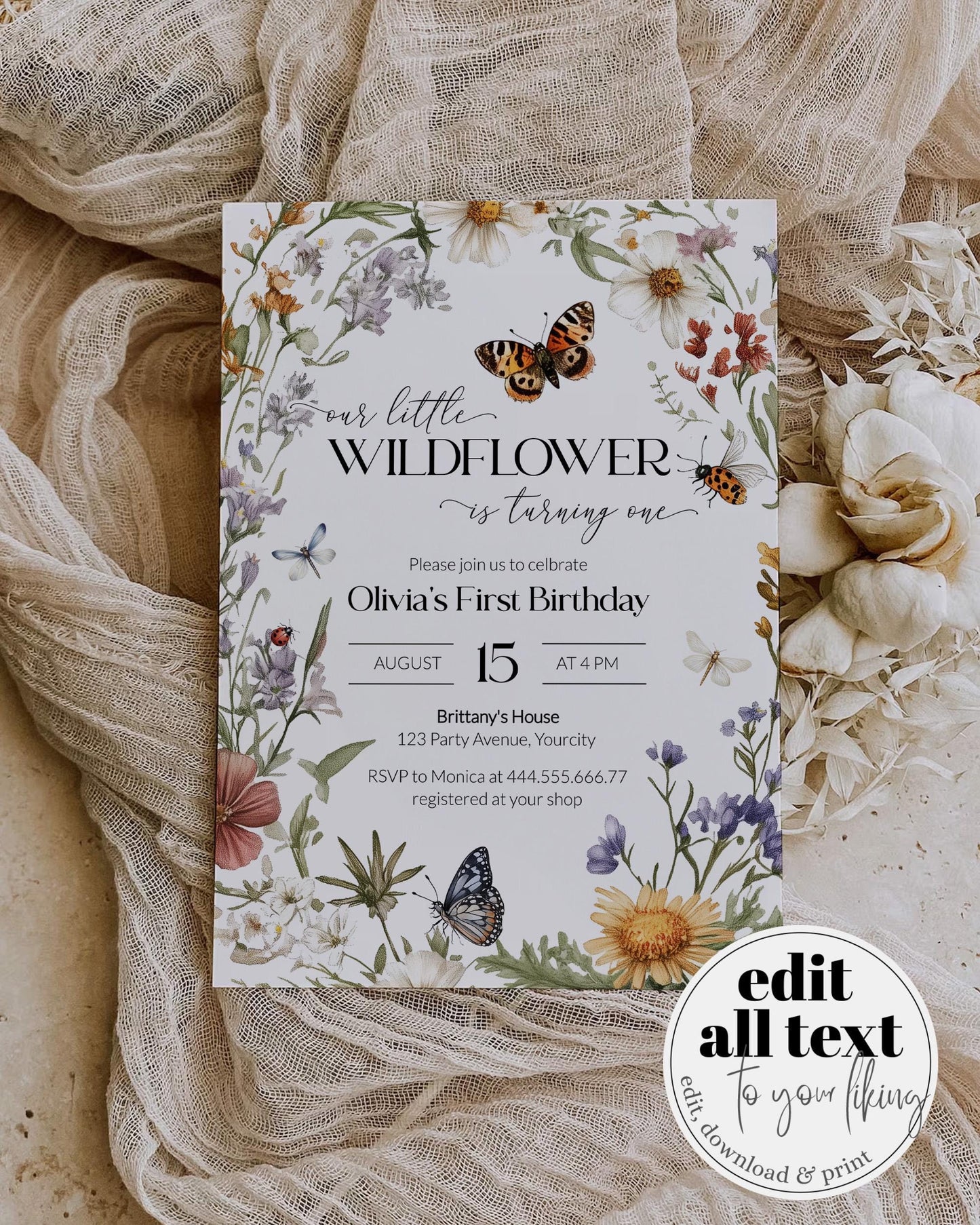 Little Wildflower 1st Birthday Invitation, Our Wildflower is turning one Invite Colorful Wildflower Garden Tea Party Printable Template #072 - TheLovebirdsDesign