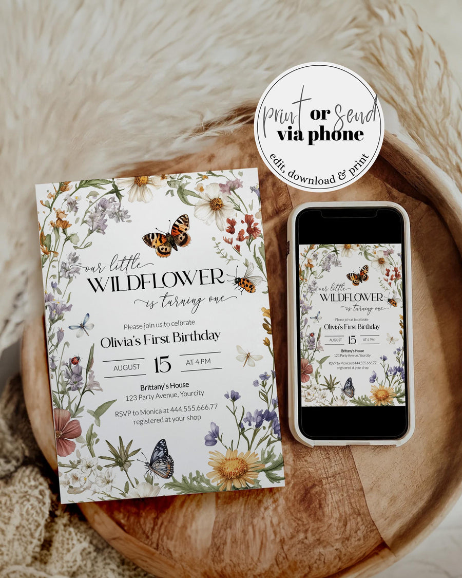 Little Wildflower 1st Birthday Invitation Template, Garden Tea Party Butterfly Theme 100LB-BINV - marryful.org