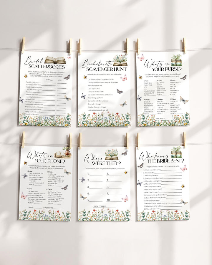 Storybook Bridal Shower Game Bundle, A New Chapter Begins Bridal Shower Games, Reading Shower Library Wildflower Butterfly Template #072 - TheLovebirdsDesign
