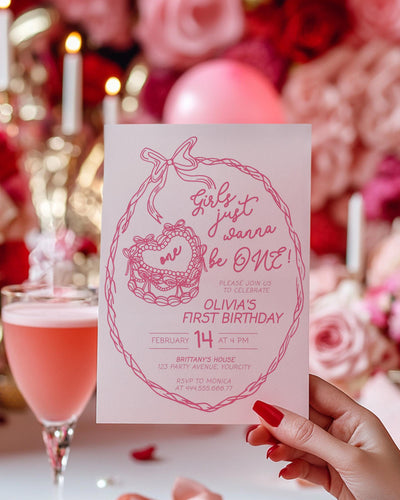 Girls just wanna be ONE Hand drawn Bow Frame with Heart Shaped Birthday Cake for First Birthday Invitation 1st Birthday Invite Template #072 - TheLovebirdsDesign