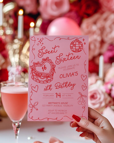 Sweet Sixteen Girl 16th Birthday Invitation Hand drawn Bow Heart Shaped Birthday Cake for Teenage 16 Birthday Invite Printable Template #072 - TheLovebirdsDesign
