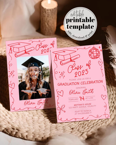Graduation Party Invitation Class of 2025 Pink Hand drawn Bow Wavy Frame Invitation Template for High School College Grad Party Invite #072 - TheLovebirdsDesign