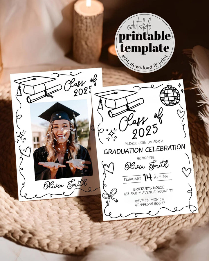 Graduation Party Invitation Class of 2025 Pink Hand drawn Bow Wavy Frame Invitation Template for High School College Grad Party Invite #072 - TheLovebirdsDesign