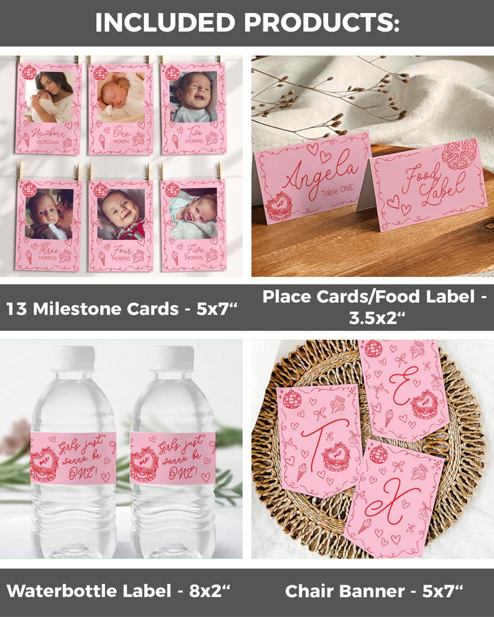 Girls just wanna be ONE Funky Handwritten Wavy Frame First Birthday Bundle Doodle Bow 1st Birthday Invitation Heart Cake Template #072 - TheLovebirdsDesign