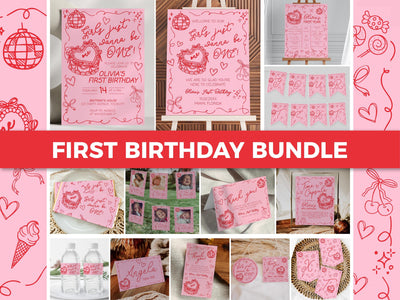 Girls just wanna be ONE Funky Handwritten Wavy Frame First Birthday Bundle Doodle Bow 1st Birthday Invitation Heart Cake Template #072 - TheLovebirdsDesign