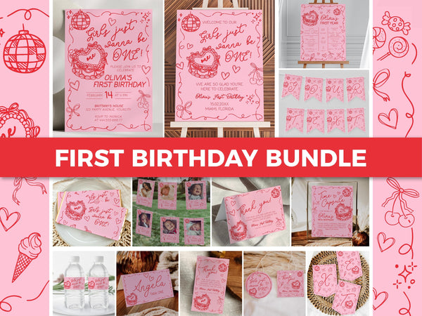 Girls just wanna be ONE Funky Handwritten Wavy Frame First Birthday Bundle Doodle Bow 1st Birthday Invitation Heart Cake Template #072 - TheLovebirdsDesign