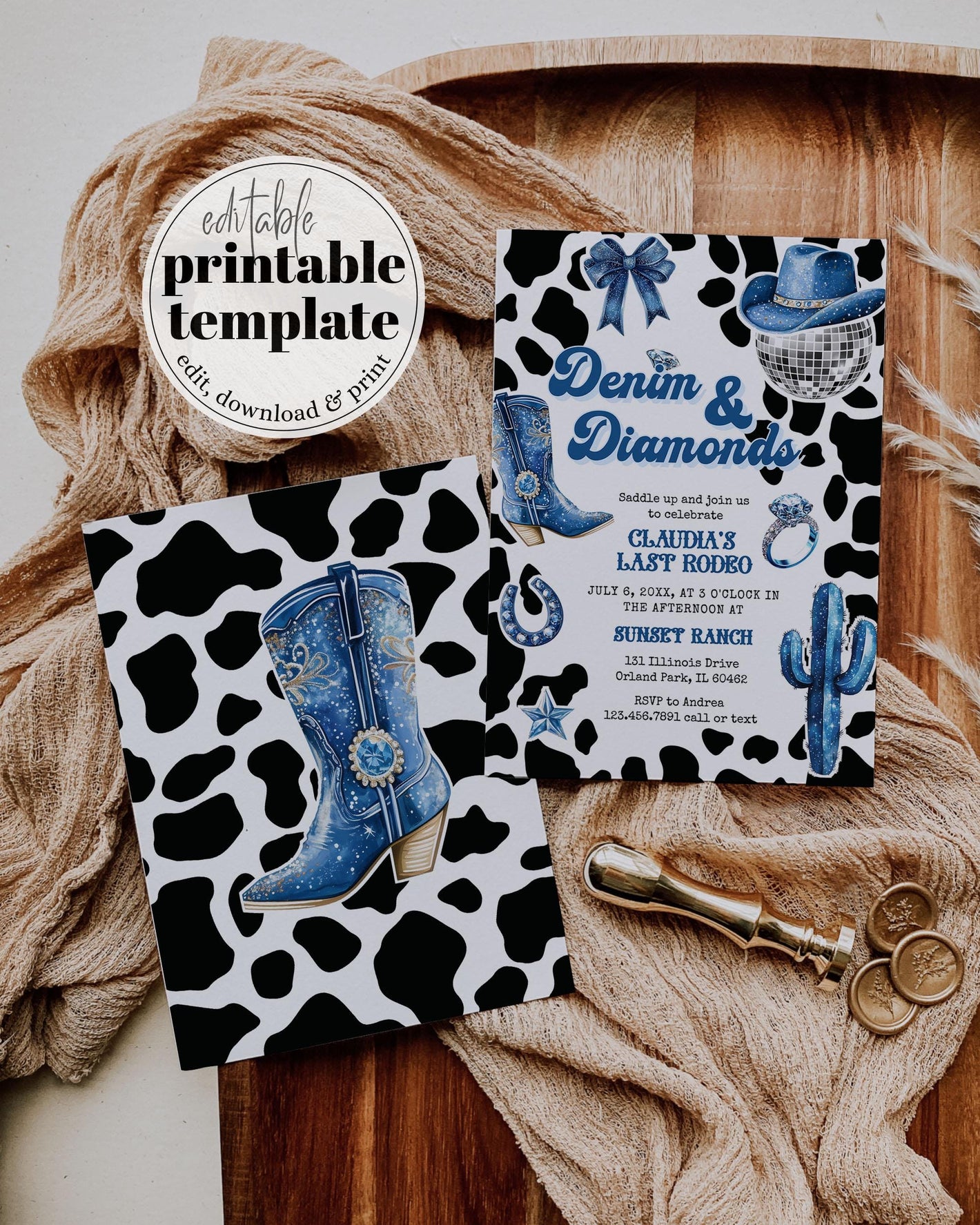 Blue Jeans Denim & Diamonds Bridal Shower Invitation, Last Rodeo Cowgirl Bachelorette Invite, Let's get Nashty Western Disco Printable #022 - TheLovebirdsDesign