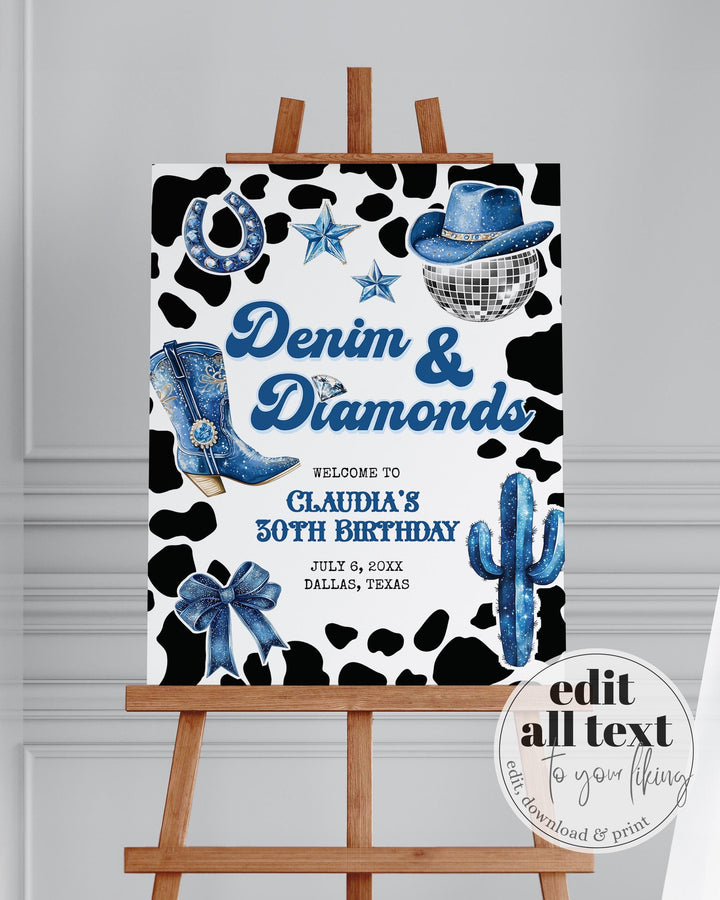 Denim & Diamonds 30th Birthday Sign, Blue Jeans Last Rodeo Cowgirl Decorations Party Sign, Let's get Nashty Western Disco Printable #022 - TheLovebirdsDesign