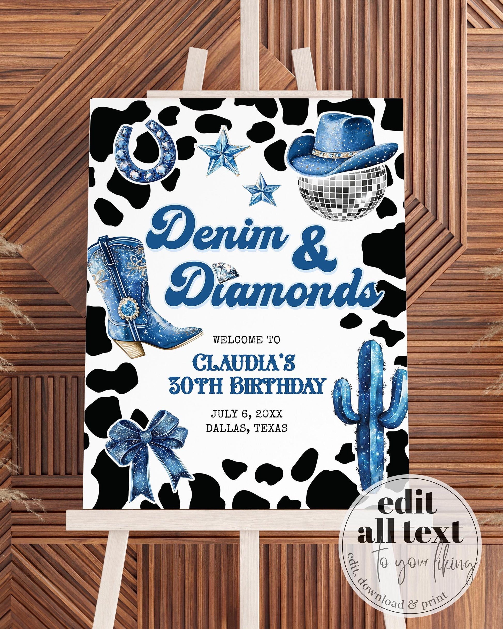 Denim & Diamonds 30th Birthday Sign, Blue Jeans Last Rodeo Cowgirl Decorations Party Sign, Let's get Nashty Western Disco Printable #022 - TheLovebirdsDesign