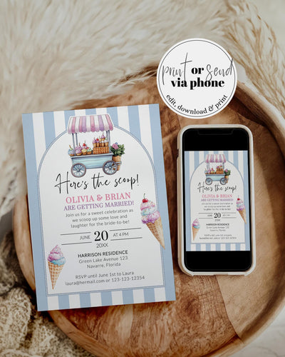 Ice Cream Bridal Shower Invite, Blue Striped Scoop Ice Truck Coquette Summer Ice Cream Bridal Shower Invitation Printable Template #068 - TheLovebirdsDesign