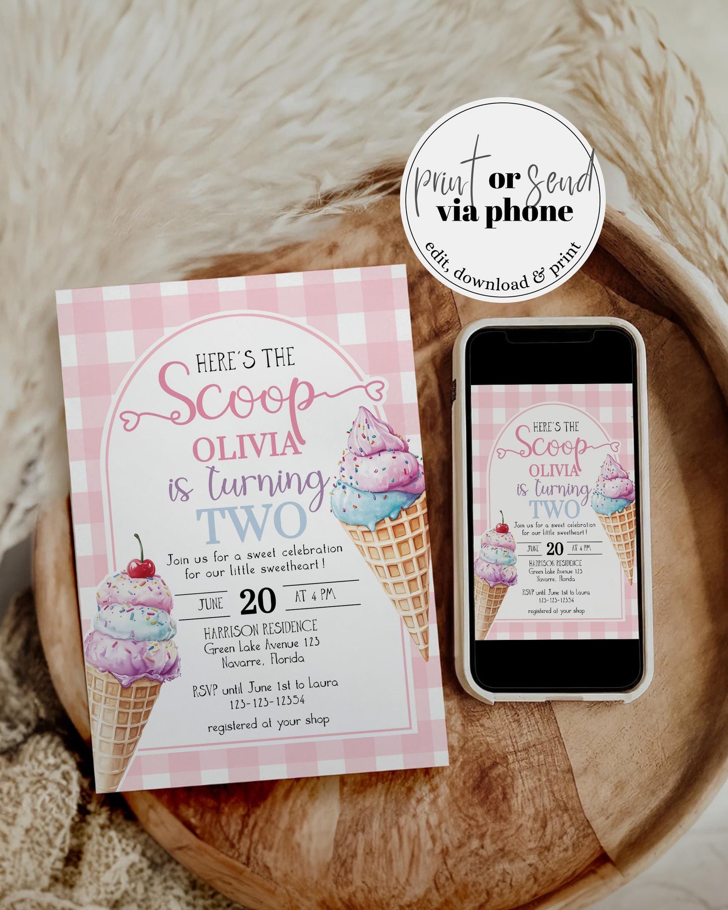 Pink Ice Cream Birthday Invitation Girls, Editable Heres the Scoop Pink Gingham Ice Truck Summer Birthday Invitation Printable Template #068 - TheLovebirdsDesign