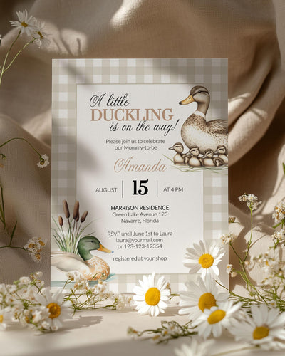 Little Duckling Mallard Duck Baby Shower Invitation Mother and Baby Duck Themed Party Invite Neutral Lucky Duck Baby Sprinkle Template #068 - TheLovebirdsDesign