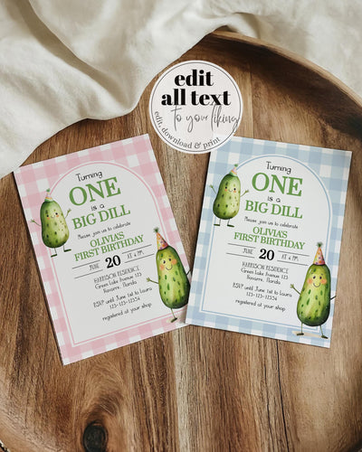 Big Dill Pickle themed Birthday Invitation Suite for One Year old Boy or Girl, Editable Birthday Party Invite Pickle Printable Template #068 - TheLovebirdsDesign