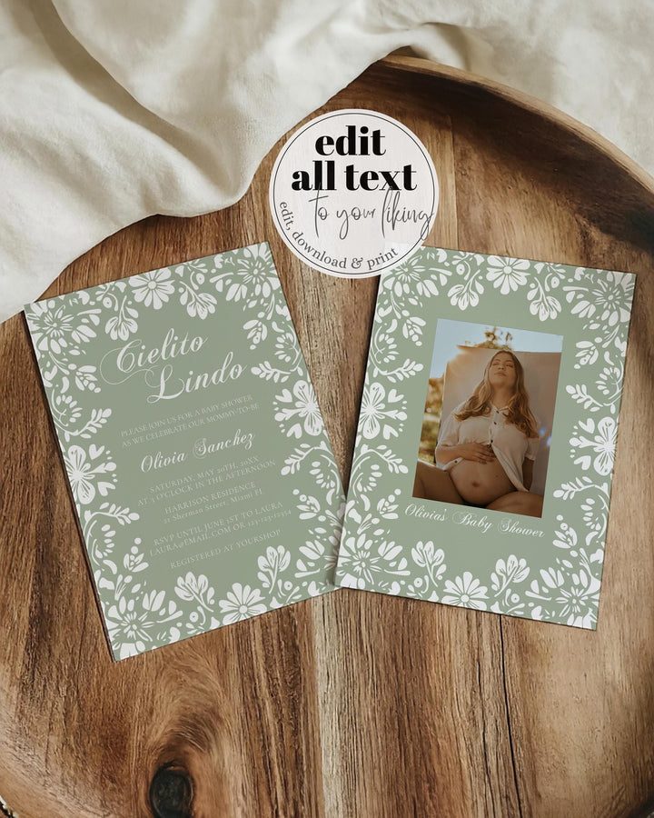 Sage Green Cielito Lindo Baby Shower Invitation Template, Gender Neutral Editable Vintage Mexican themed Invite Talavera Papel Picado #067 - TheLovebirdsDesign