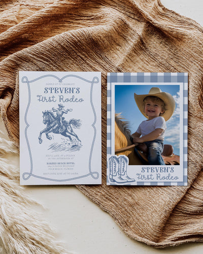 My First Rodeo Birthday Invitation, Blue Cowboy Western Party Template 058CB-BINV-BL - marryful.org